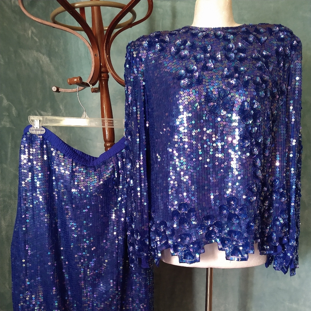 Vintage Iridescent Silk Sequin Lawrence Kazar Matching Set Formal